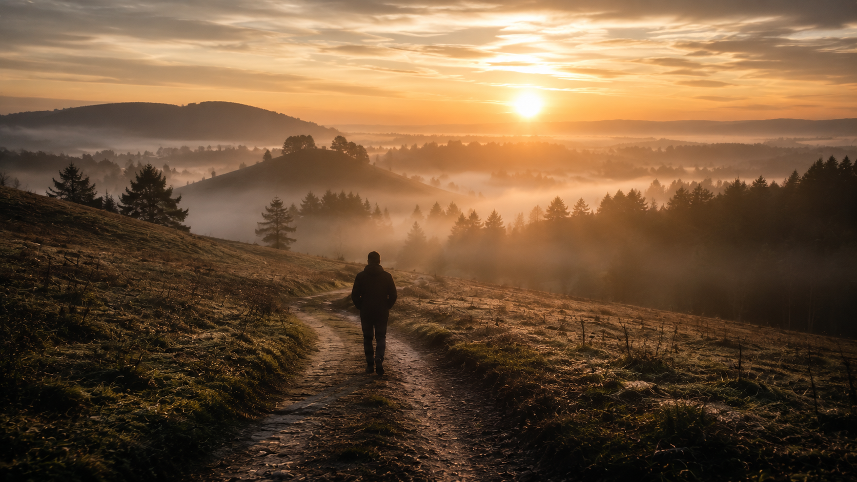 A solitary person walking through morning mist toward a distant sunrise, reflecting searching, longing, and hope, soft natural light.