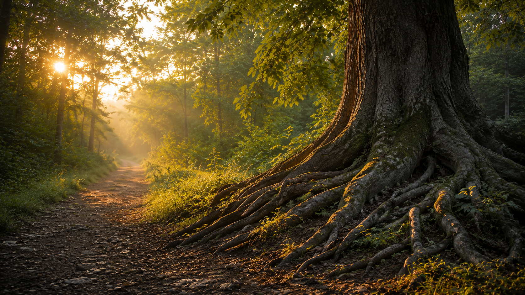 A mature tree with deep visible roots beside a quiet forest path at dawn, soft golden morning light, reflecting growth and patience, contemplative Christian formation.