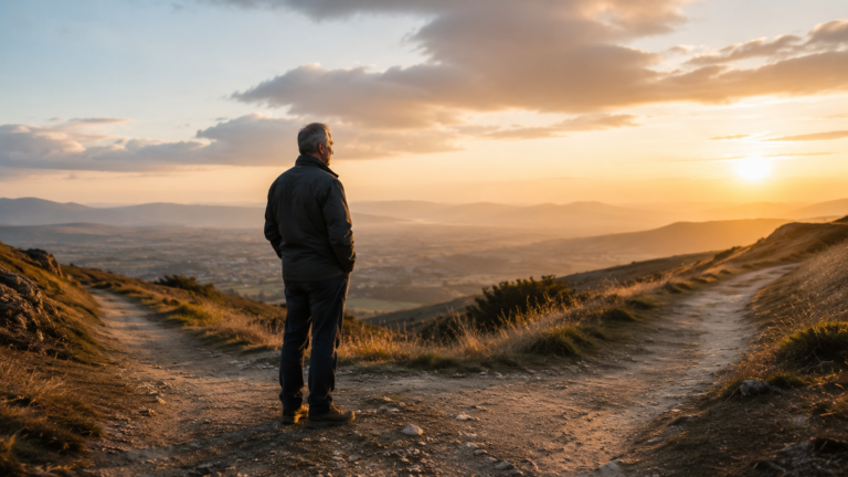 A leader standing thoughtfully at a crossroads overlooking a valley at sunrise, reflecting discernment, wisdom, and responsibility.
