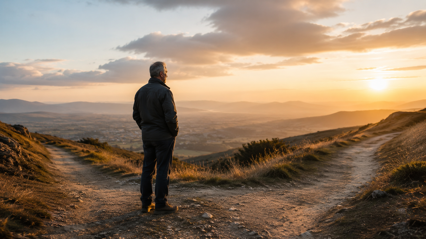 A leader standing thoughtfully at a crossroads overlooking a valley at sunrise, reflecting discernment, wisdom, and responsibility.