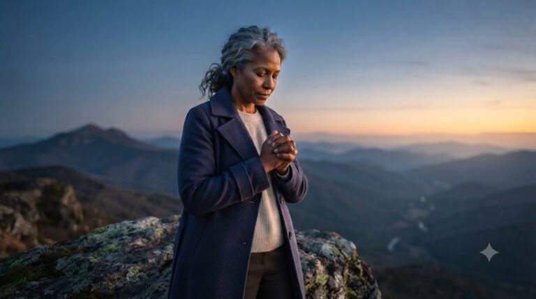 A leader quietly praying and reflecting before sunrise on a hilltop, reflecting discernment, surrender, and guidance.