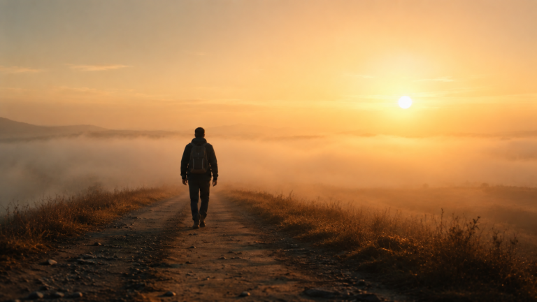 A leader walking through morning fog while moving confidently toward the horizon, reflecting trust, uncertainty, and faith.