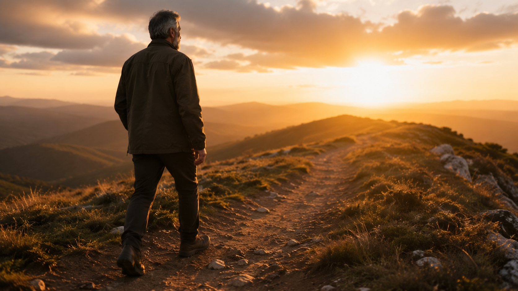 A leader taking a decisive first step onto a new path at sunrise, reflecting vision, courage, and destiny.