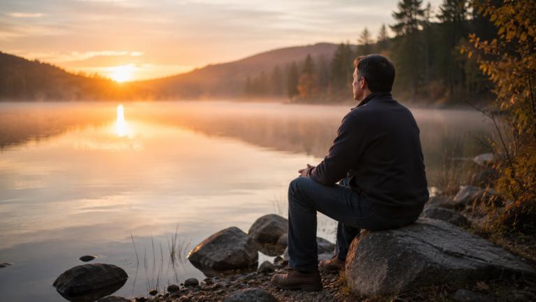 A leader quietly waiting beside a calm lake at dawn, reflecting patience, wisdom, and restraint.