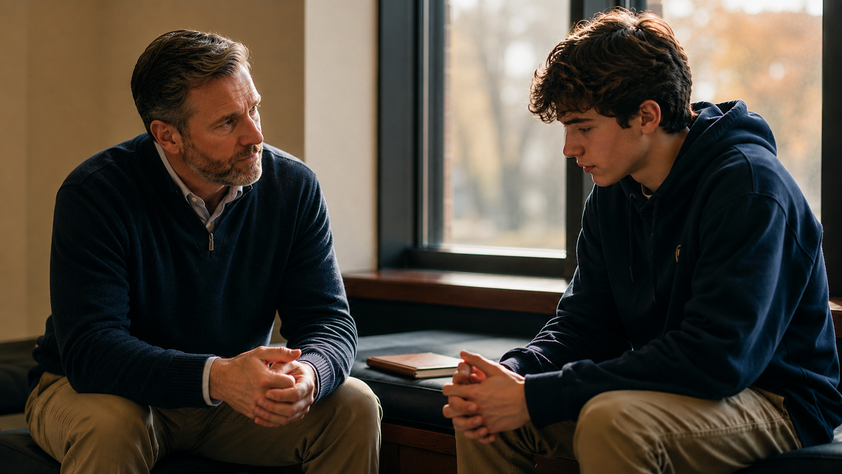 A teacher mentoring a student through a difficult ethical decision, reflecting wisdom, growth, and formation.