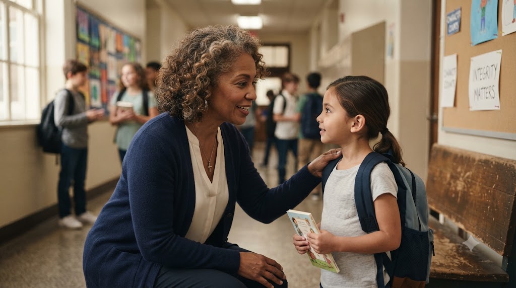 A teacher demonstrating kindness and integrity in everyday interactions, reflecting modeling character and influence.