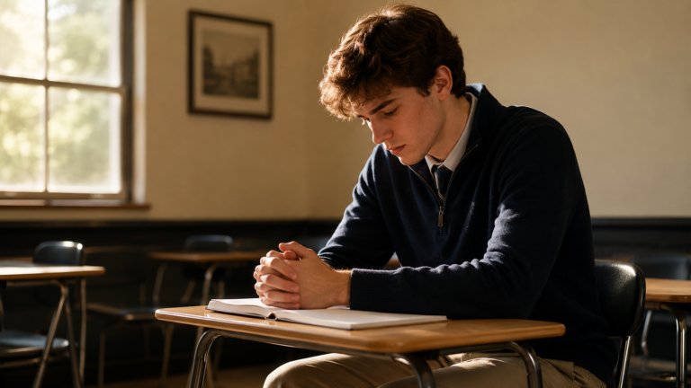 A high-achieving student sitting thoughtfully after making a poor decision, reflecting reflection, humility, and learning.