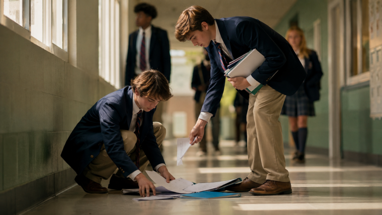 Students serving and helping one another within a school environment, reflecting respect, compassion, and virtue.