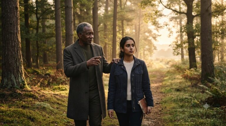 An older mentor walking beside a younger leader along a forest path at sunrise, symbolizing legacy, wisdom, and lasting influence.