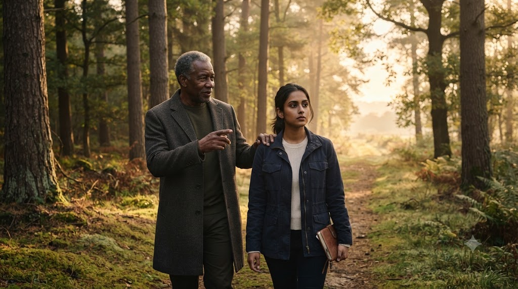 An older mentor walking beside a younger leader along a forest path at sunrise, symbolizing legacy, wisdom, and lasting influence.