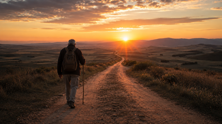 A long path leading toward a sunrise horizon with an older traveler walking steadily forward, reflecting perseverance, faithfulness, hope, and a life well lived.