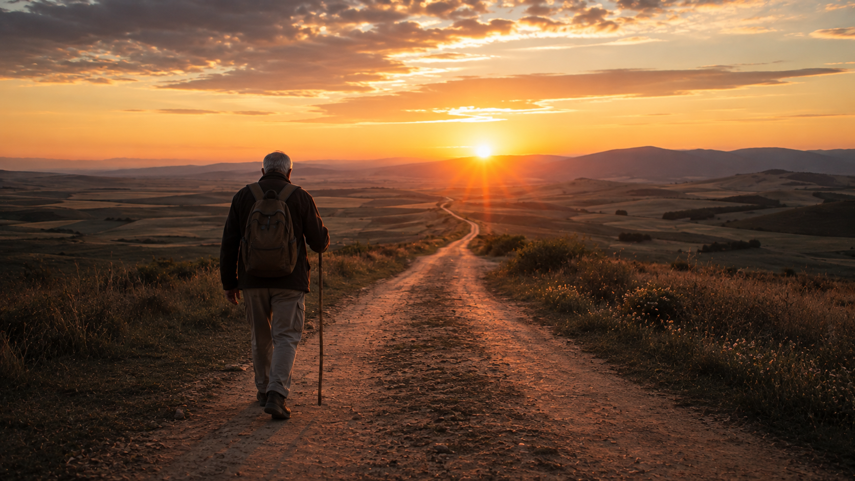 A long path leading toward a sunrise horizon with an older traveler walking steadily forward, reflecting perseverance, faithfulness, hope, and a life well lived.