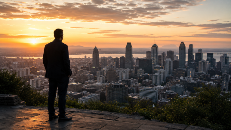 A successful leader standing alone overlooking a city at dawn, reflecting reflection, stewardship, and humility.