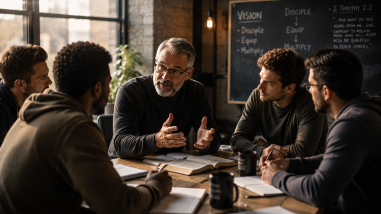 A mentor investing time into emerging leaders who will influence others, reflecting multiplication and intentional development.