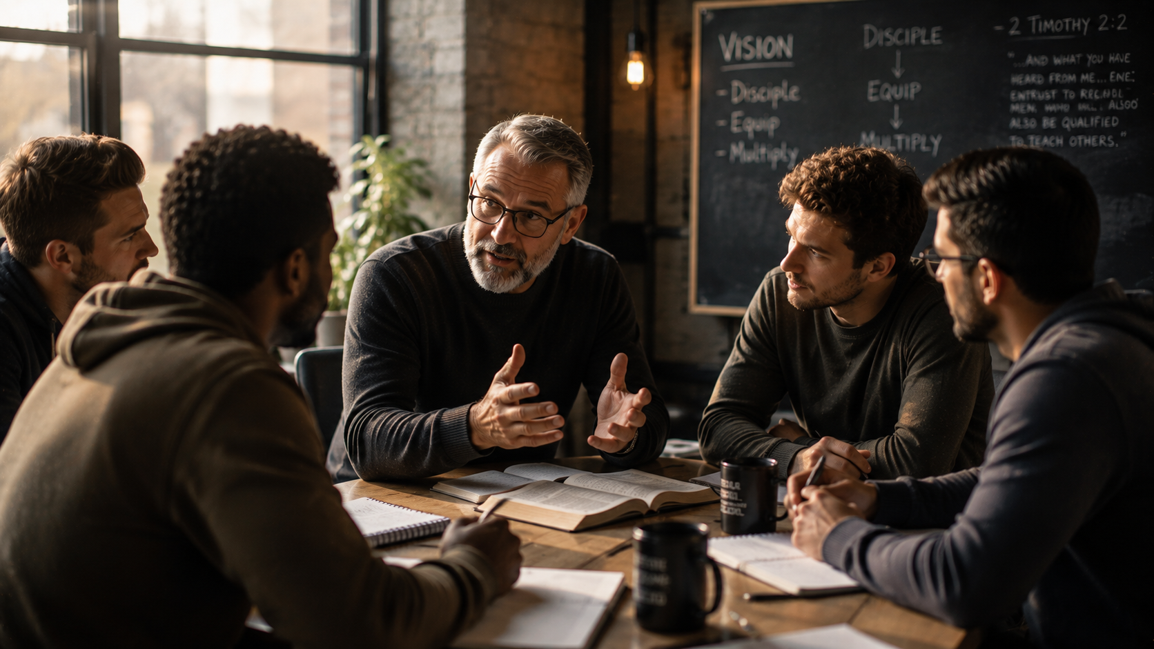A mentor investing time into emerging leaders who will influence others, reflecting multiplication and intentional development.