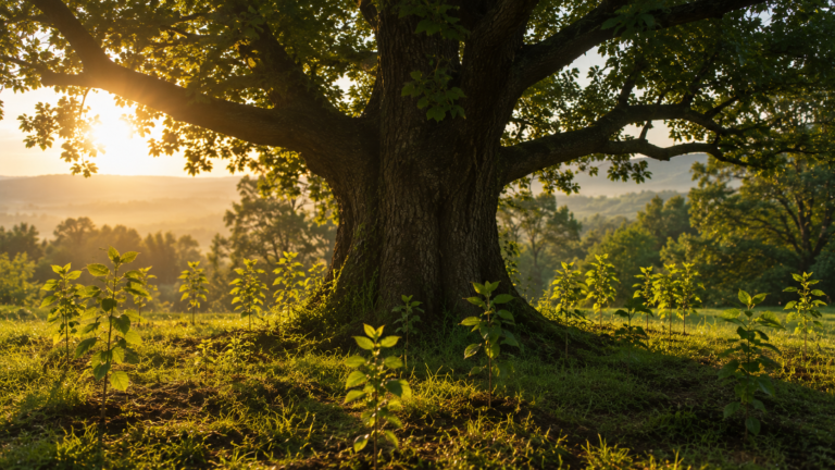 A mature tree producing new growth around it, symbolizing influence extending beyond a lifetime.