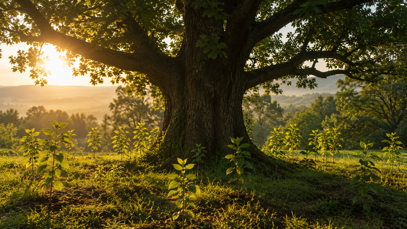 A mature tree producing new growth around it, symbolizing influence extending beyond a lifetime.