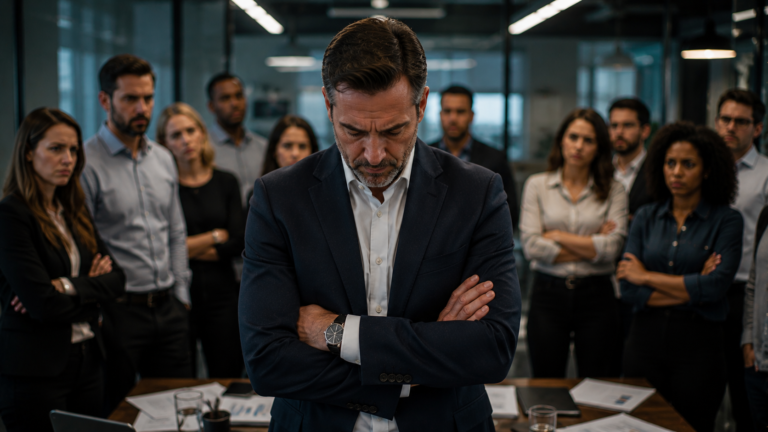 A leader facing the consequences of broken trust, reflecting accountability, reflection, and responsibility.