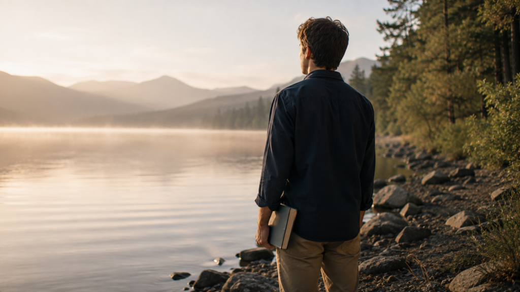 Young adult standing quietly beside a calm lake in soft morning light, reflecting a secure identity and belonging in Christ.