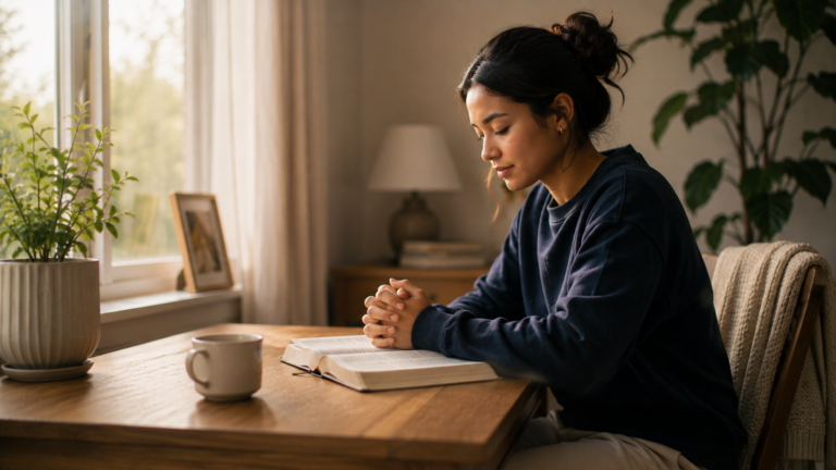 Young adult resting at a simple desk beside an open Bible after setting aside work, symbolizing worth beyond performance and achievement.
