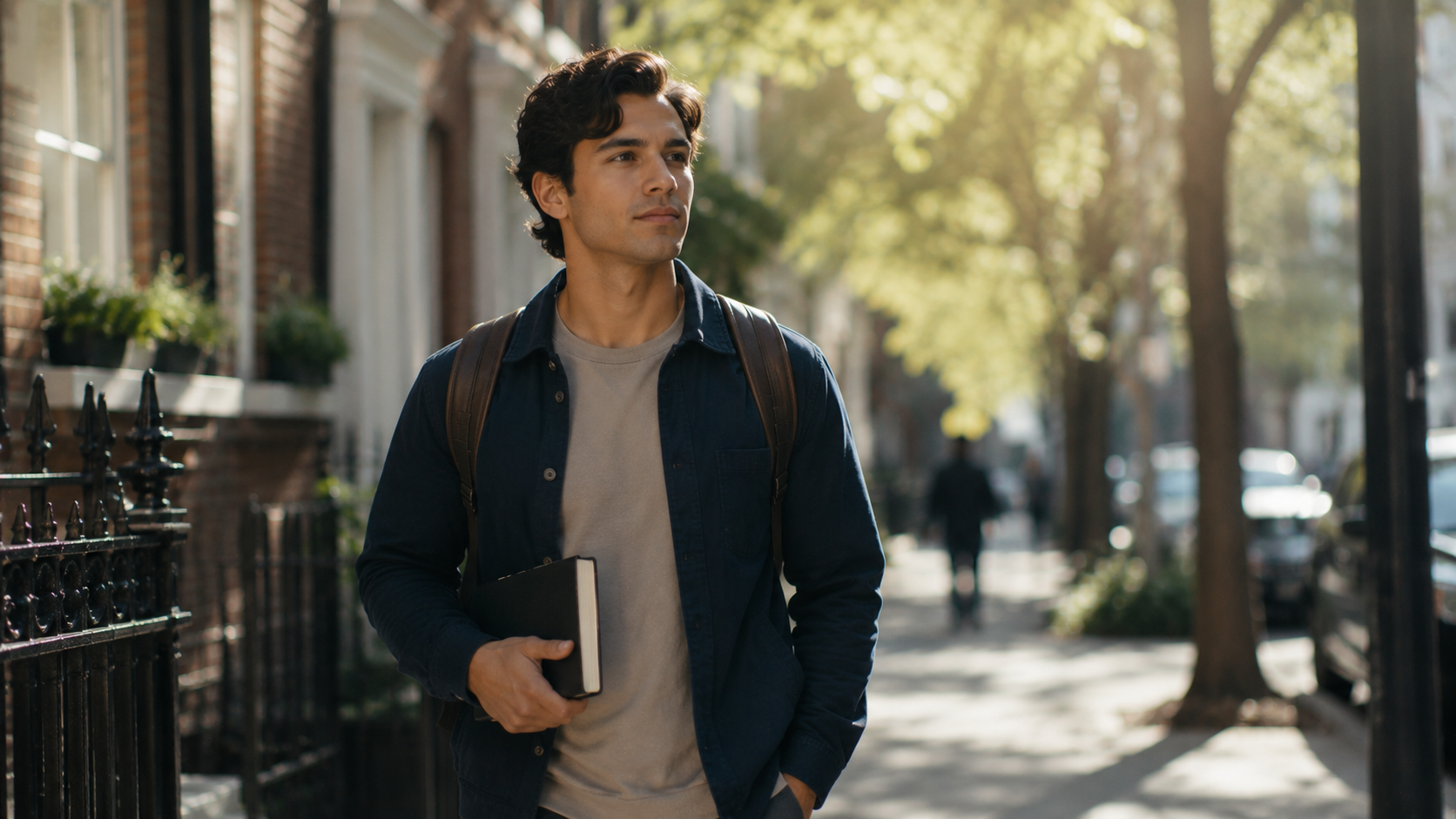 Young adult walking purposefully through an everyday neighborhood in soft morning light, reflecting a Christ-shaped identity lived in ordinary life.