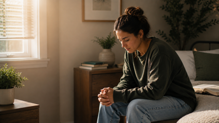 Reflective young adult in a quiet room with an open Bible nearby, expressing vulnerability, dignity, and hope when feeling inadequate.