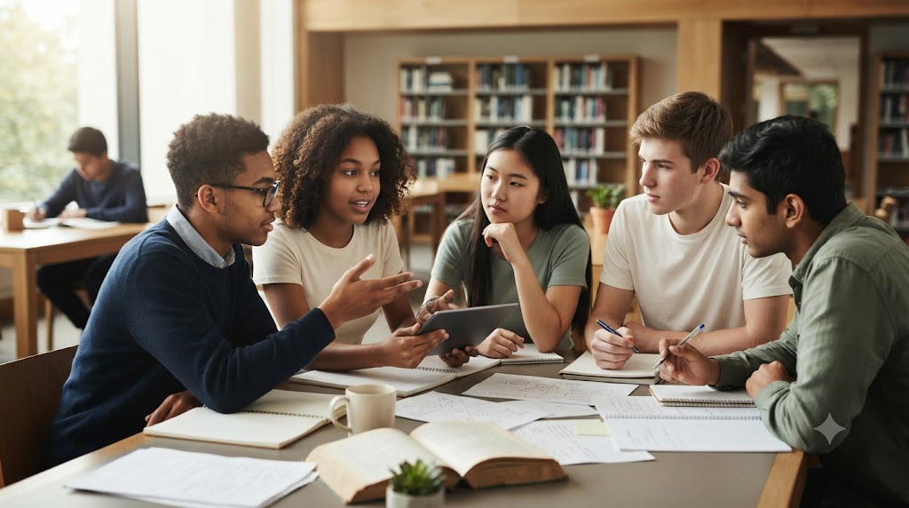 Students actively engaged in discussion, discovery, and reflection rather than passive listening, reflecting deep learning and understanding.