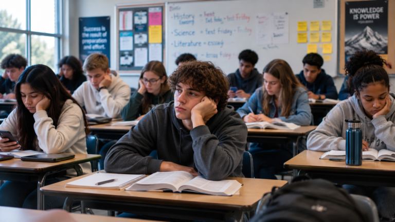 A classroom filled with information but little engagement, reflecting passive learning and missed transformation.