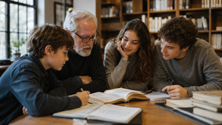 A learner of different ages exploring books, ideas, and experiences with curiosity, reflecting lifelong growth and discovery.