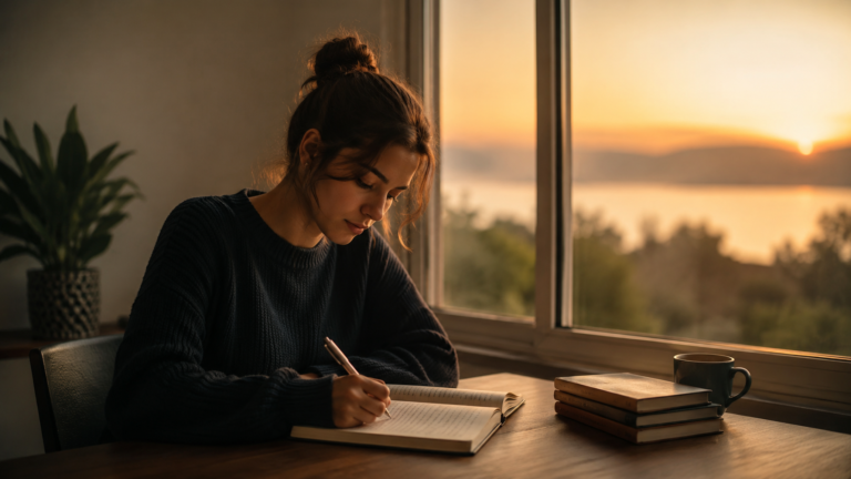 A student quietly journaling beside a window at sunset, reflecting reflection, understanding, and personal growth.