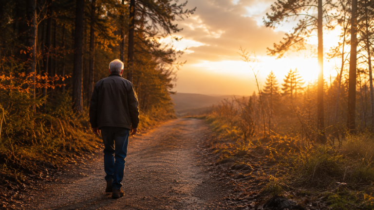 An older leader walking steadily along a forest path at sunrise while a distant horizon stretches ahead, reflecting endurance, character, and finishing well.