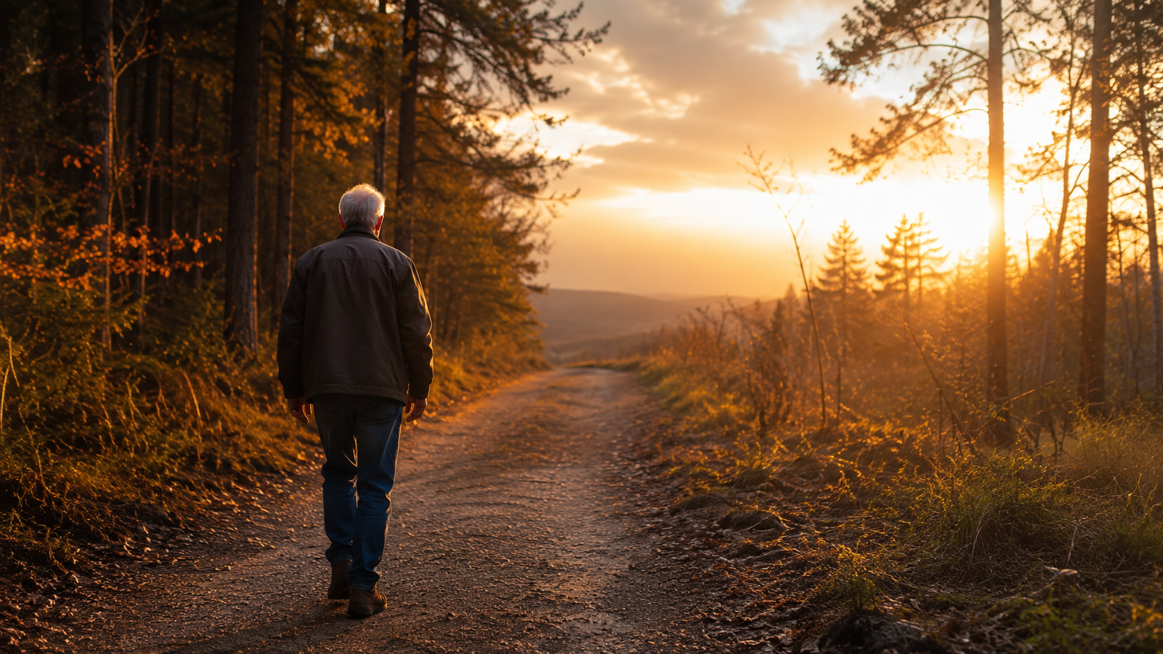 An older leader walking steadily along a forest path at sunrise while a distant horizon stretches ahead, reflecting endurance, character, and finishing well.