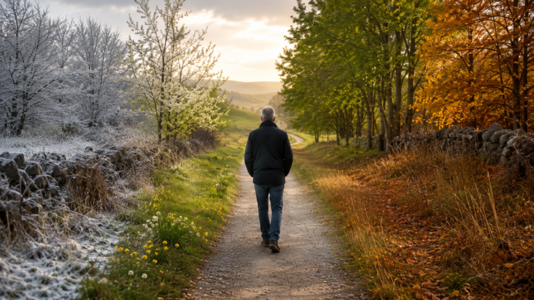 A leader walking steadily through changing seasons while remaining on the same path, reflecting faithfulness, perseverance, and integrity.