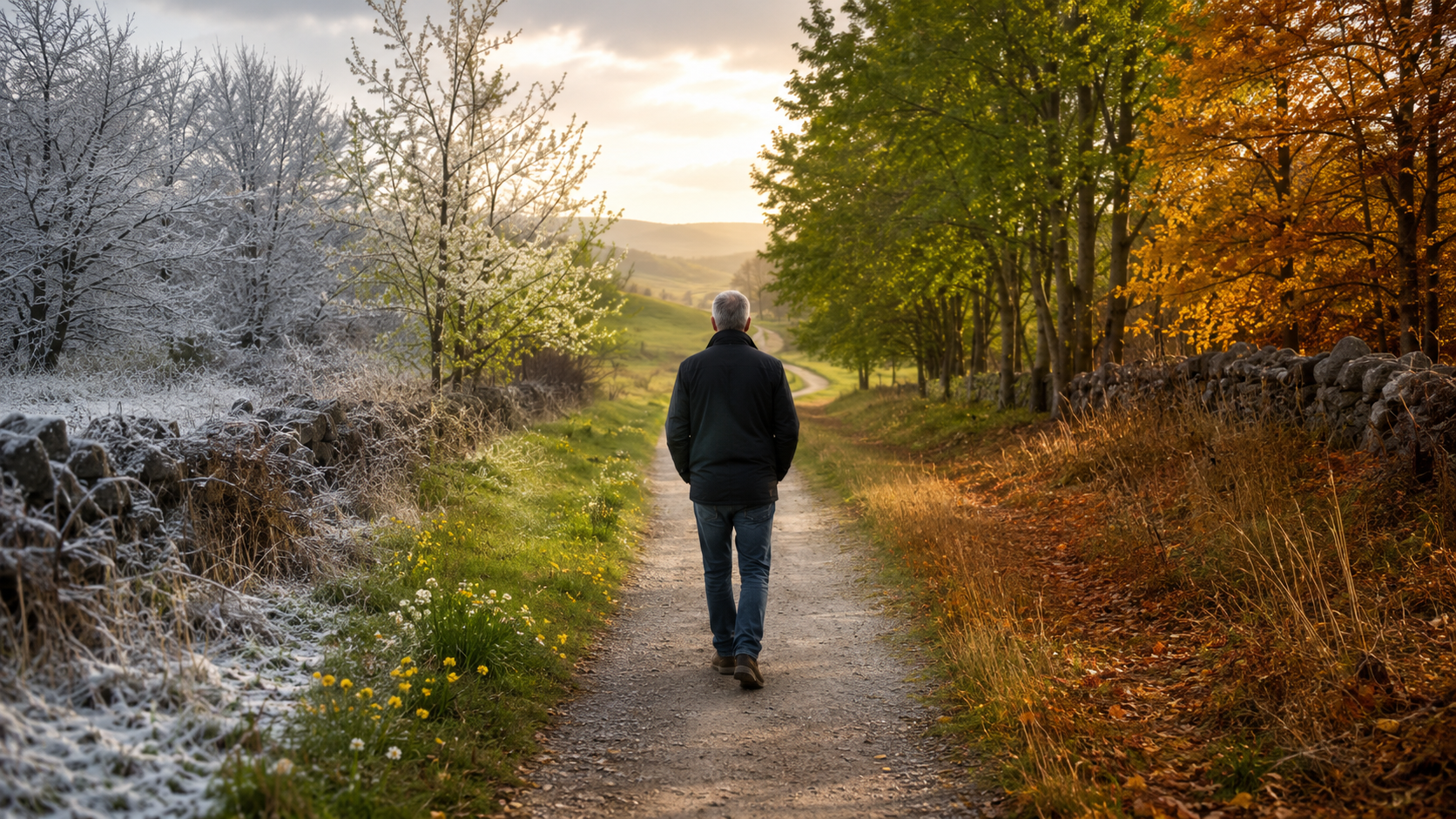 A leader walking steadily through changing seasons while remaining on the same path, reflecting faithfulness, perseverance, and integrity.