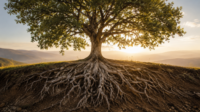 A strong tree with visible deep roots supporting a wide canopy, symbolizing leadership built on character.