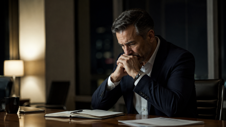 A leader sitting alone after hours in deep reflection, reflecting internal struggle, responsibility, and character testing.
