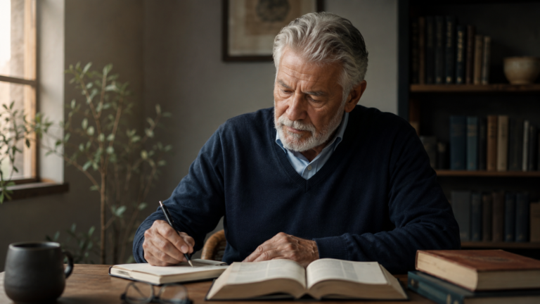 A mature leader studying, reflecting, and growing despite years of experience, reflecting wisdom and lifelong learning.
