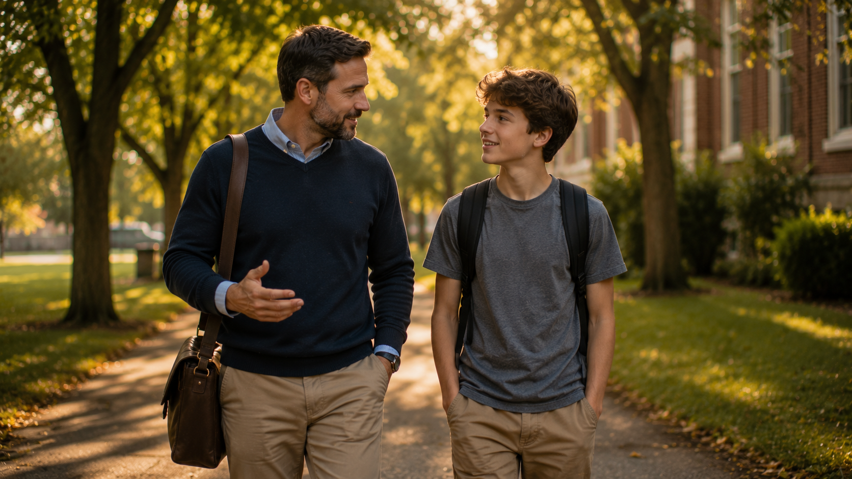 A teacher walking alongside a student through a tree-lined pathway after school, reflecting mentorship, encouragement, and lasting influence.