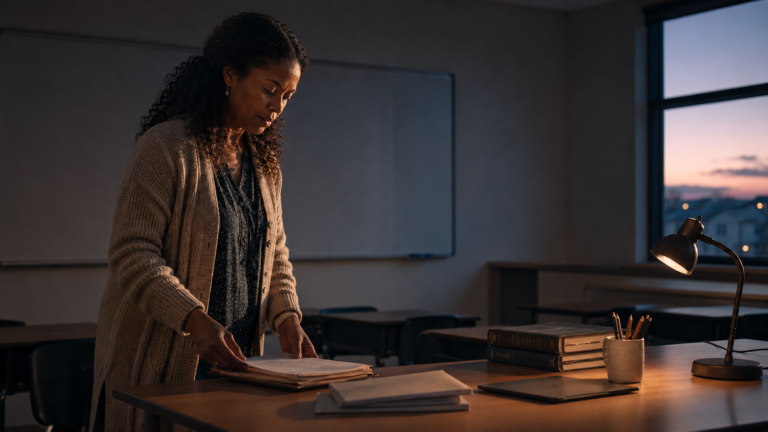 A teacher preparing a classroom before sunrise with quiet focus and purpose, reflecting dedication, service, and calling.