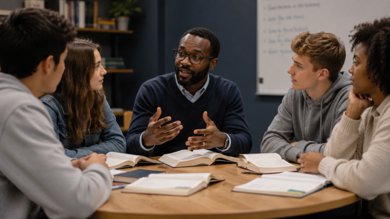 A teacher guiding students in thoughtful discussion rather than lecture, reflecting growth, wisdom, and transformation.