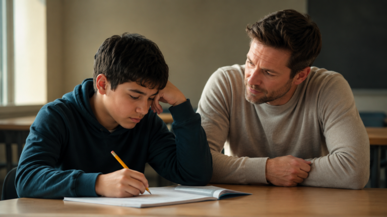 A teacher encouraging a student facing difficulty, reflecting belief, support, and personal growth.