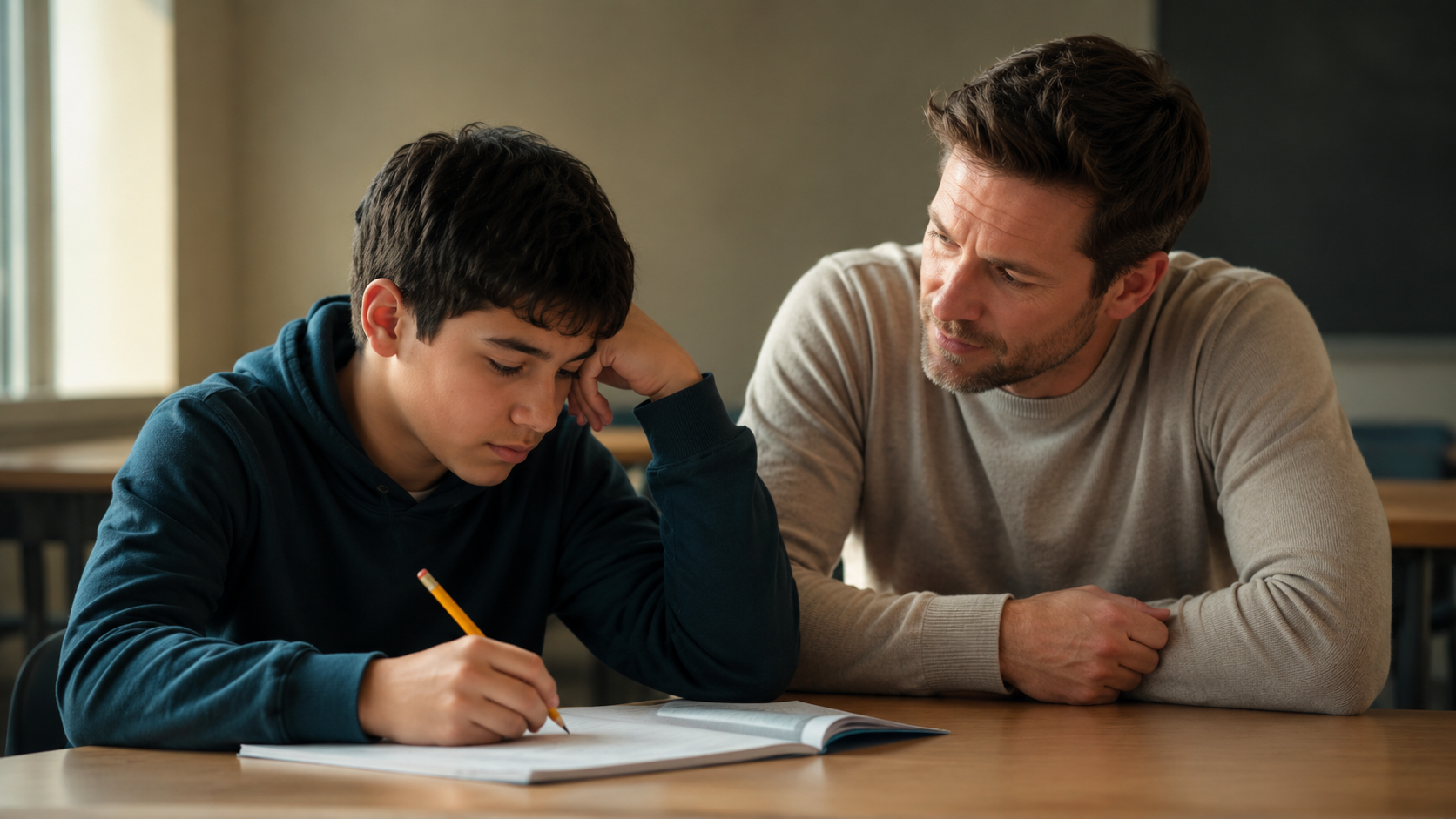 A teacher encouraging a student facing difficulty, reflecting belief, support, and personal growth.
