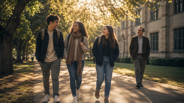 A diverse group of students moving confidently toward a bright future while a teacher watches with quiet satisfaction, reflecting hope and generational influence.