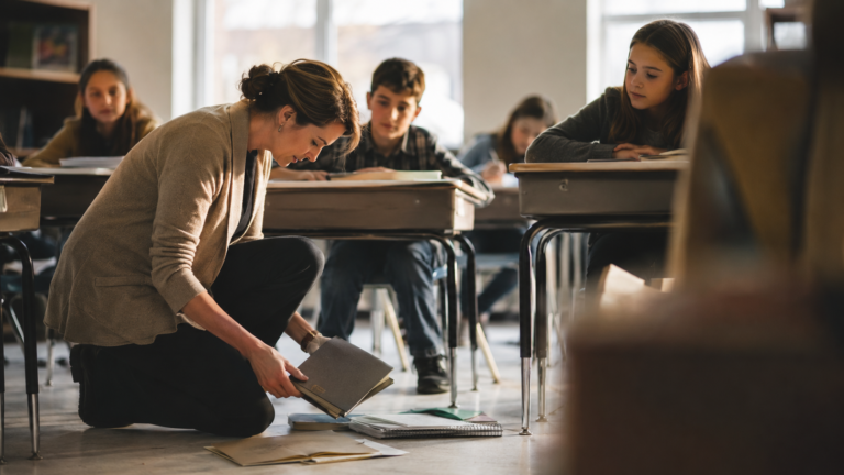 A teacher modeling character through actions while students observe naturally, reflecting influence, authenticity, and formation.