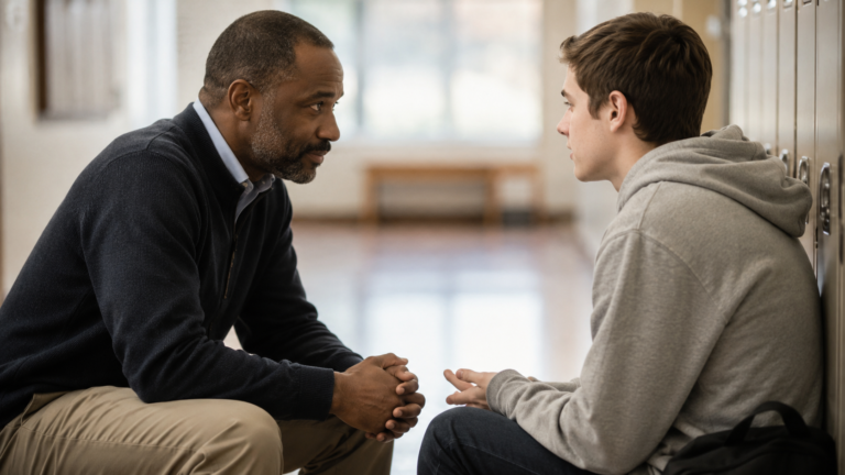 A teacher listening attentively to a student during a meaningful conversation, reflecting trust, respect, and understanding.