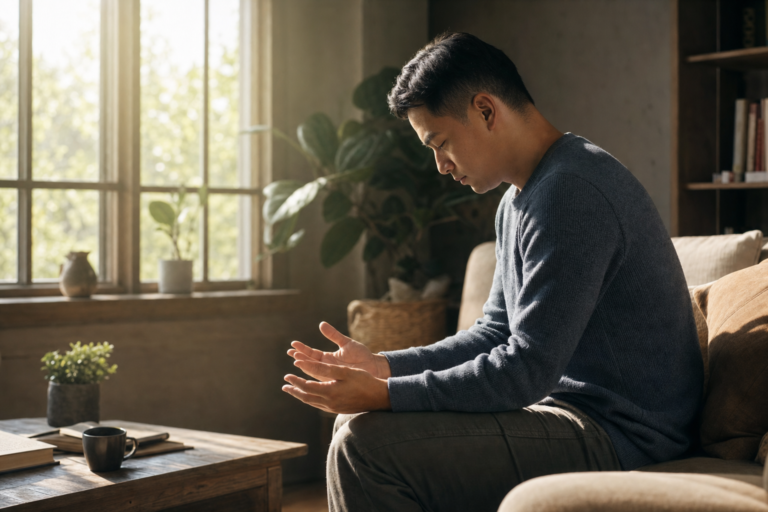 A person sits quietly in a sunlit room with open hands, reflecting in prayerful devotion.