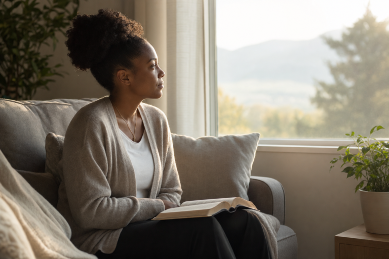 A person sits quietly in soft morning light with an open Bible, reflecting and listening in peaceful attentiveness.