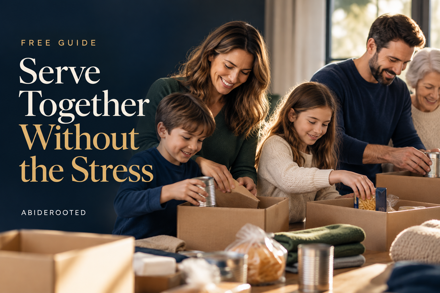 Family preparing care packages for the Serve Together Without the Stress guide