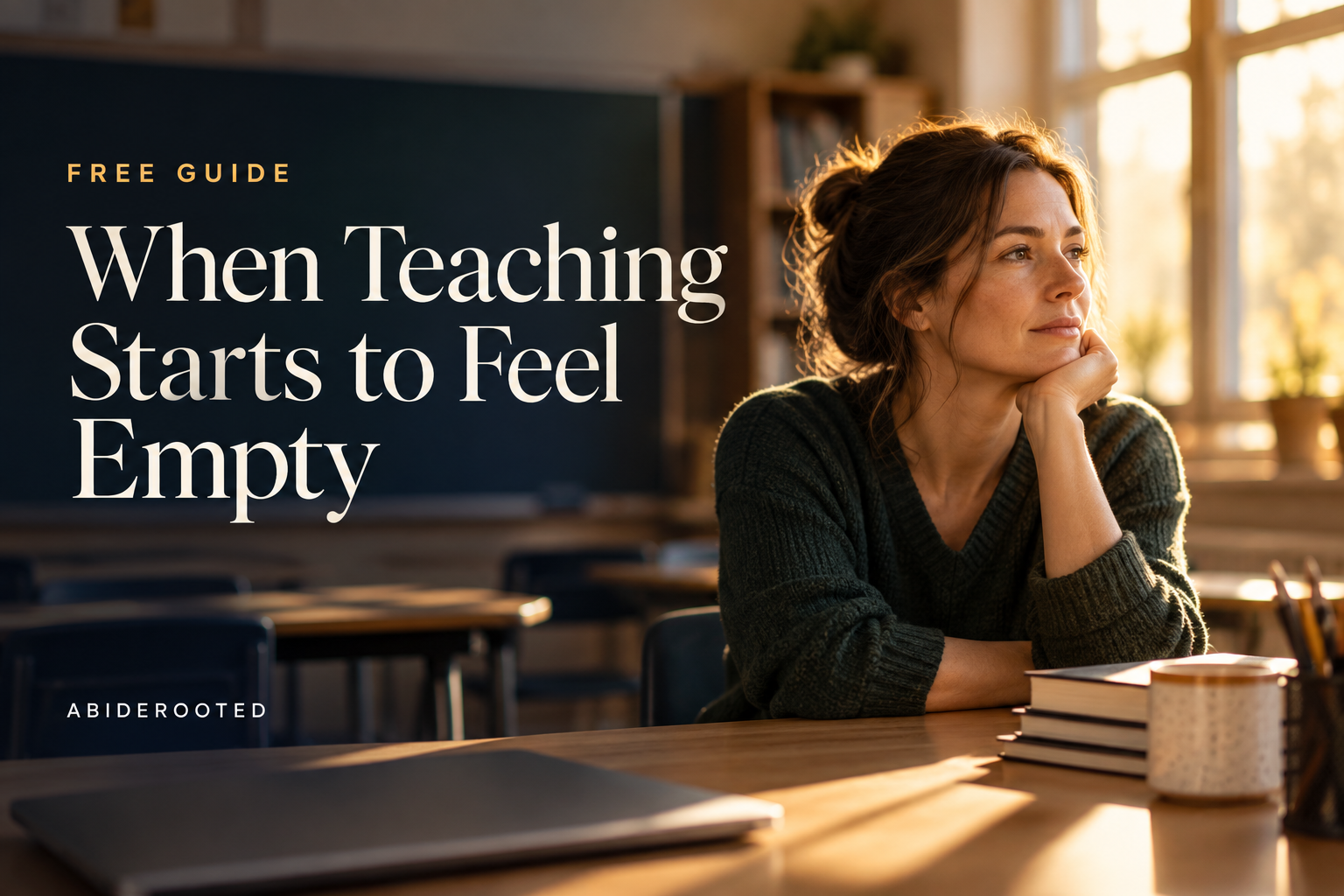 Teacher reflecting with an open Bible for the When Teaching Starts to Feel Empty guide