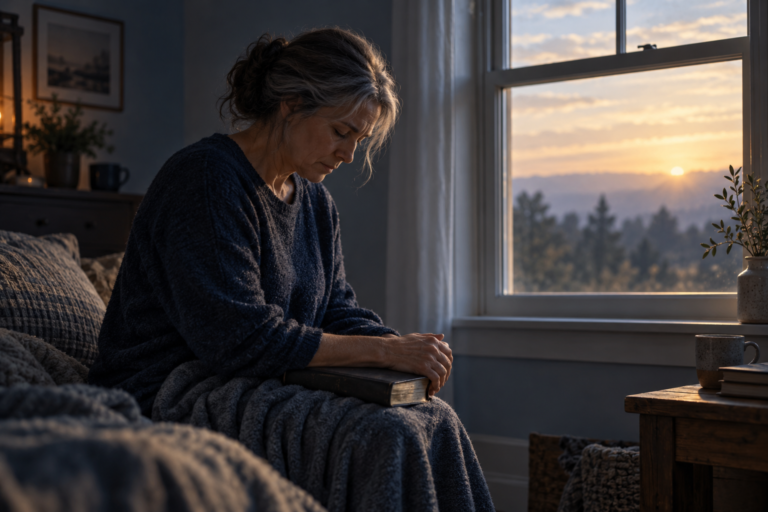 A woman sits by a window at dawn, resting her hands on a Bible in quiet, persistent prayer.